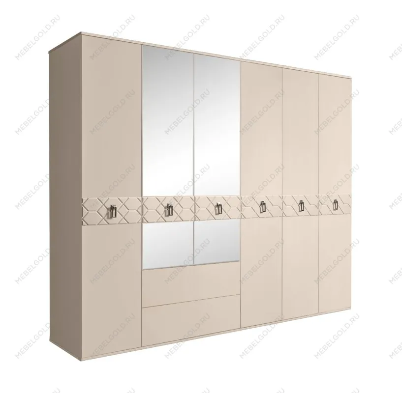 Шкаф 6-ти дверный с зеркалами, с ящиками, Bogemia Farfalle (Ваниль/Хром) БМШ1/61(Fa)