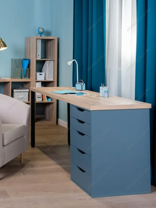 Стол письменный Ингар, 5 ящиков, 140х75х55 см, серо-бирюзовый/черный, столешница дуб беленый | изображение 4