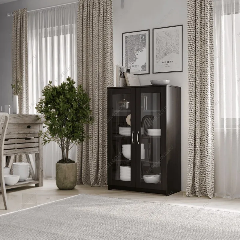 Тумба Сириус, 2 двери со стеклом, 78х41х124 см, дуб венге, черно-коричневая | изображение 5