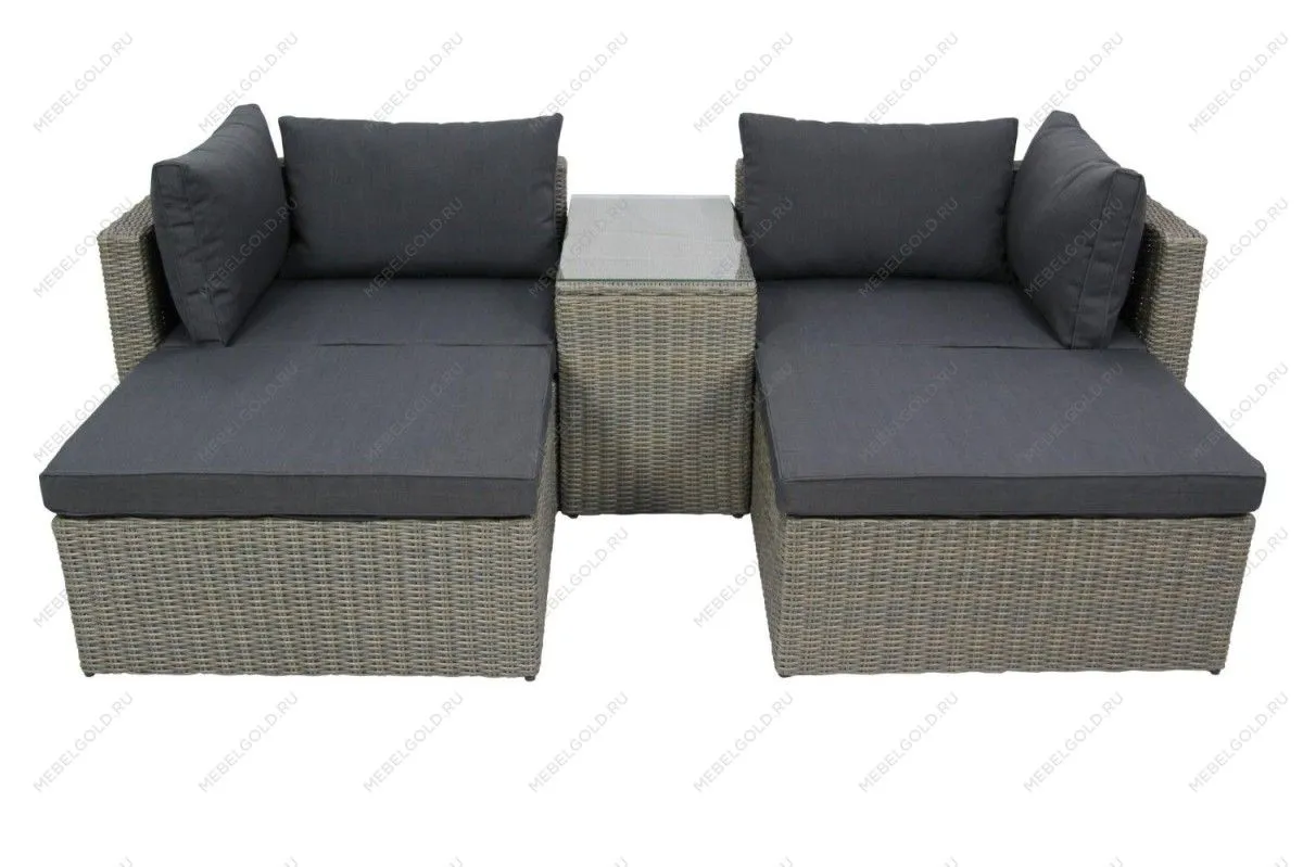 Набор мебели Драмен арт.GS009 серо-коричневый, серый (стол, 2 угл.кресла, 2 пуфа, ротанг серо-корич, подушки серые)