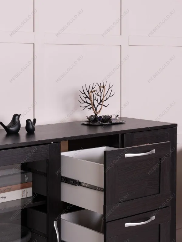 Тумба Сириус, 2 двери со стеклом и 3 ящика, 117х41х95 см, дуб венге, черно-коричневая | изображение 5