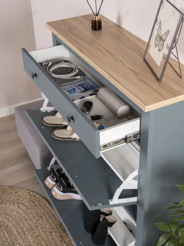 Обувница Сага с 2 откидными ящиками 92х122 темно-бирюзовая-ясень | изображение 4