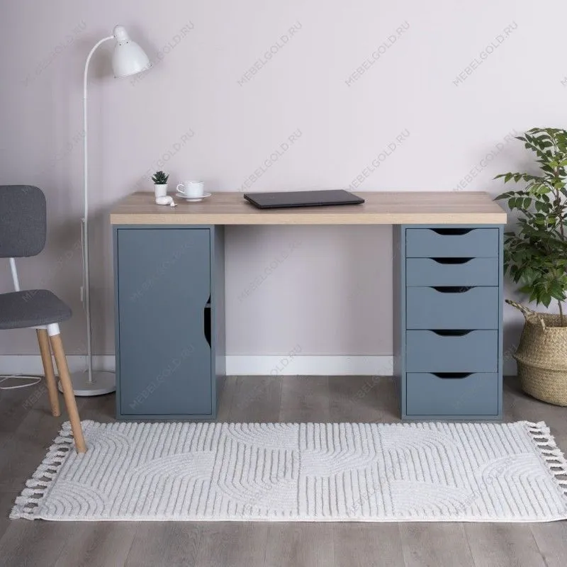 ИНГАР 2/5/ДВ стол письменный 140x75x55, дуб беленый/серо-бирюзовый | изображение 3