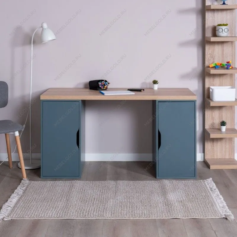 ИНГАР 2/ДВ/ДВ стол письменный 140x75x55, дуб беленый/серо-бирюзовый | изображение 3