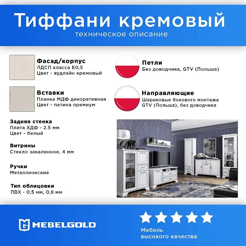 Шкаф 1-створчатый Тиффани 1D2S вудлайн кремовый | изображение 2
