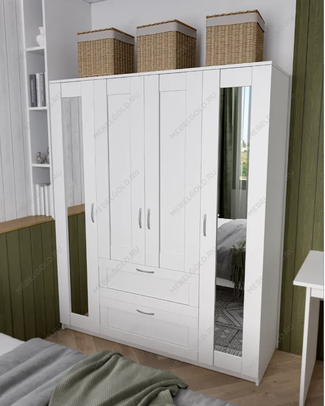 БРИМНЭС / СИРИУС Шкаф ИКЕА / IKEA комбинированный 4 двери и 2 ящика белый (с 2 зеркалами)