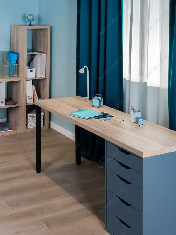 Стол письменный Ингар, 5 ящиков, 140х75х55 см, серо-бирюзовый/черный, столешница дуб беленый | изображение 5