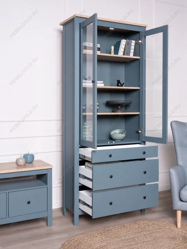 Шкаф с витриной Сага, 90х41х215 см, темно-бирюзовый/ясень | изображение 2