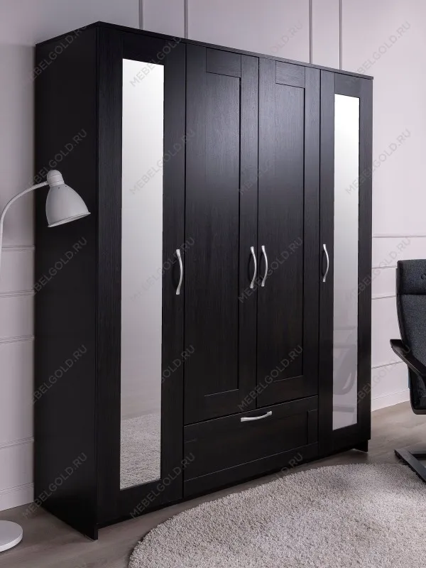 Шкаф Сириус, 4 двери и 1 ящик с зеркалами, 156х50х190 см, черно-коричневый, дуб венге | изображение 1