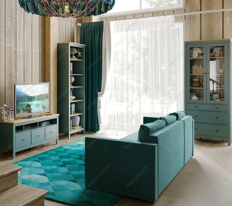 САГА шкаф с витриной 90 темно-бирюзовый/ясень | изображение 6