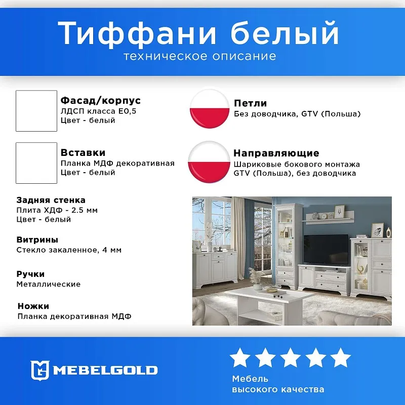 Шкаф 1-створчатый Тиффани 1D2S белый | изображение 2