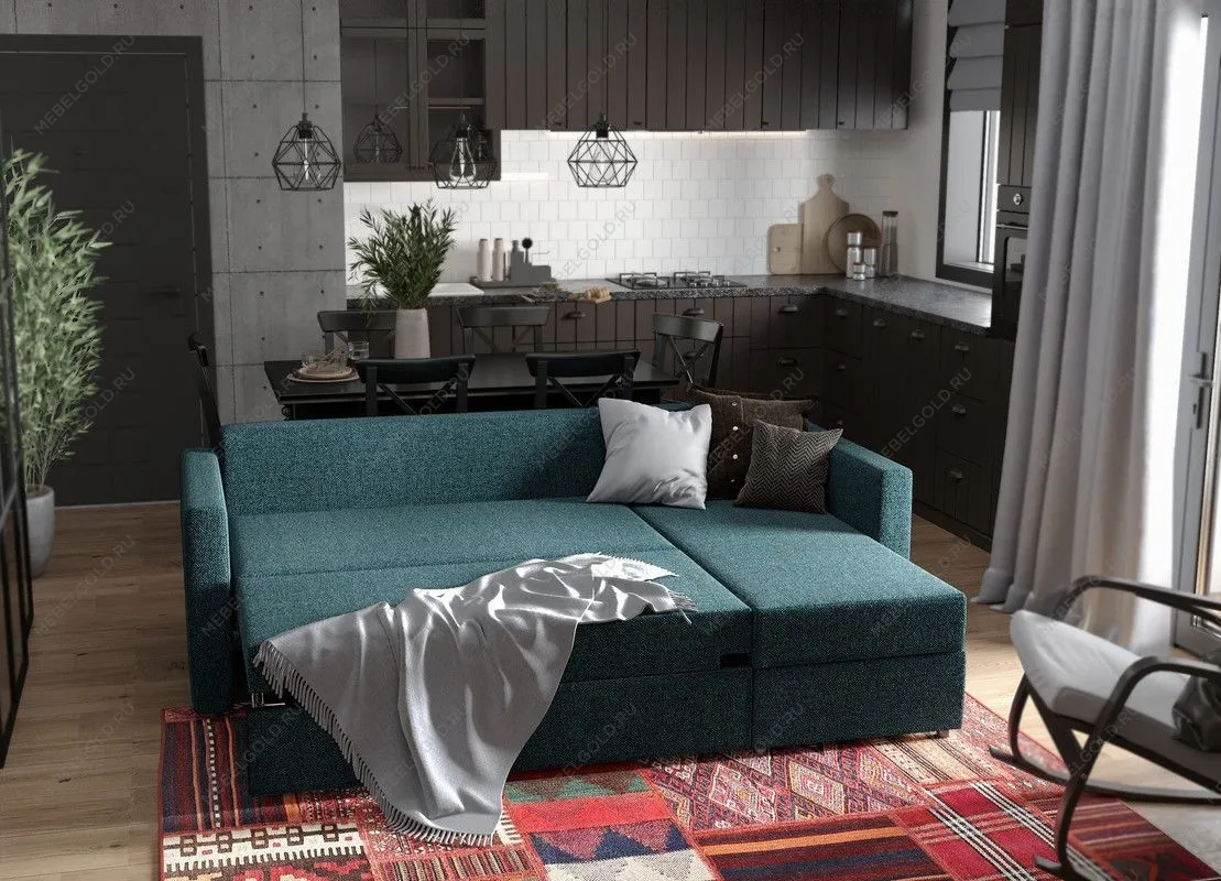 Диван угловой трехместный Вало с коротким подлокотником, сине-зелёный, рогожка | изображение 3