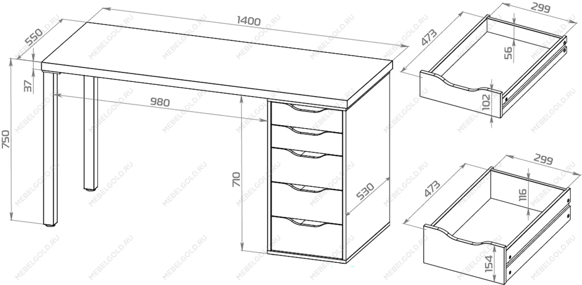 ИНГАР 2/5Т стол письменный 140x75x55, дуб беленый/серо-бирюзовый/черный | изображение 2