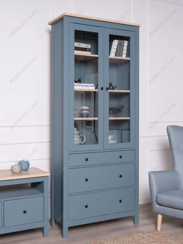 Шкаф с витриной Сага, 90х41х215 см, темно-бирюзовый/ясень | изображение 1