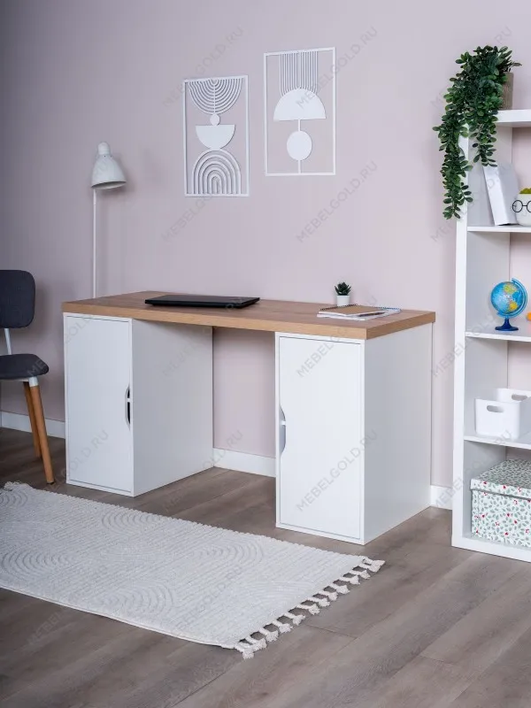 Стол письменный Ингар, с двумя дверцами, 140x75x55, белый, столешница дуб беленый | изображение 2