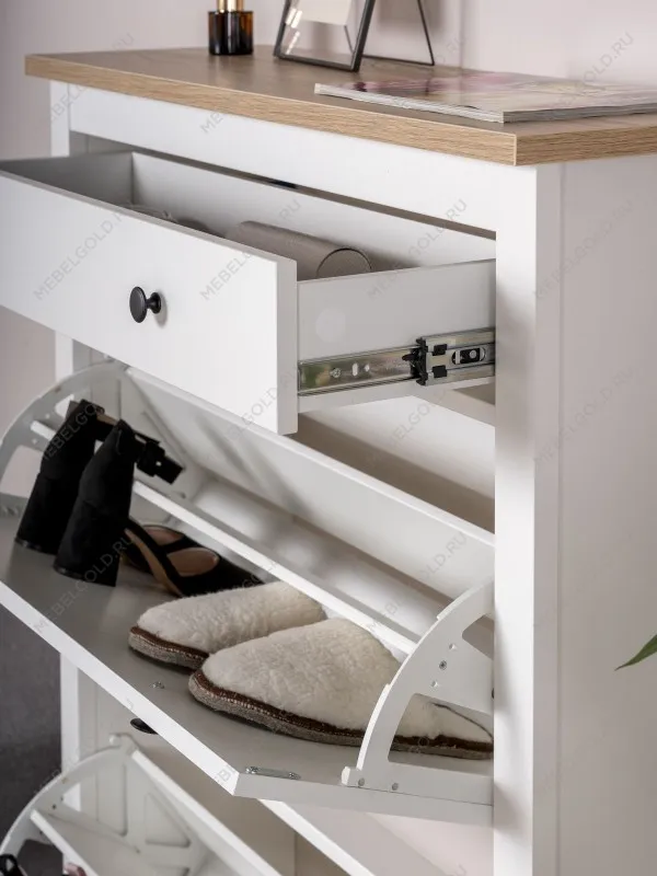 Обувница Сага с 2 откидными ящиками 92х122 белая-ясень | изображение 5