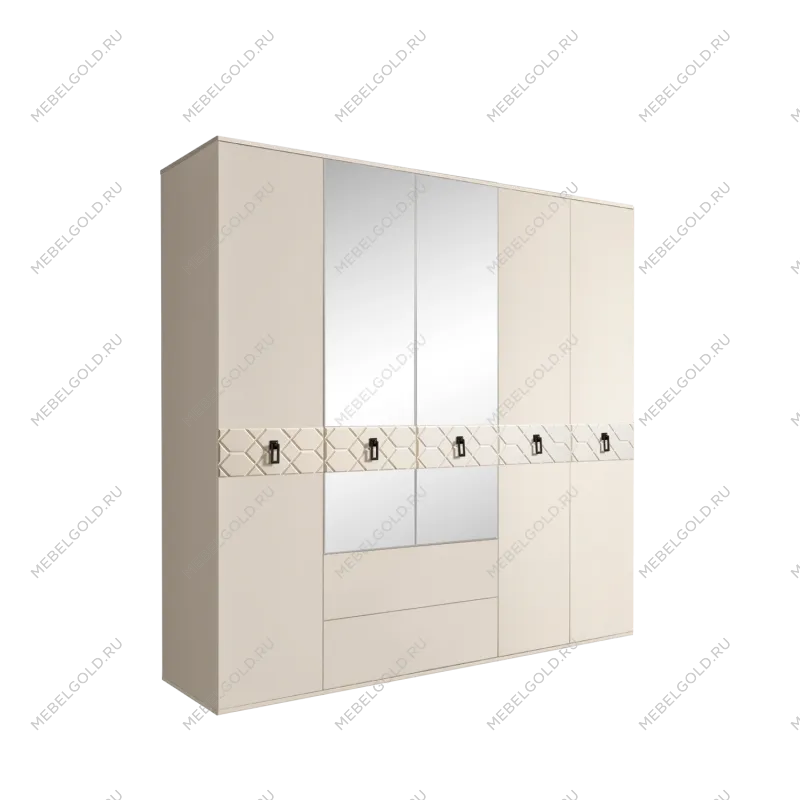 Шкаф 5-ти дверный с зеркалами, с ящиками, Bogemia Farfalle (Слоновая кость/Черный) БМШ1/51(Fa)