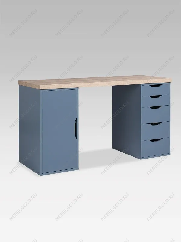 Стол письменный Ингар, с дверцей и 5 ящиками, 140x75x55, серо-бирюзовый/черный, столешница дуб беленый | изображение 8