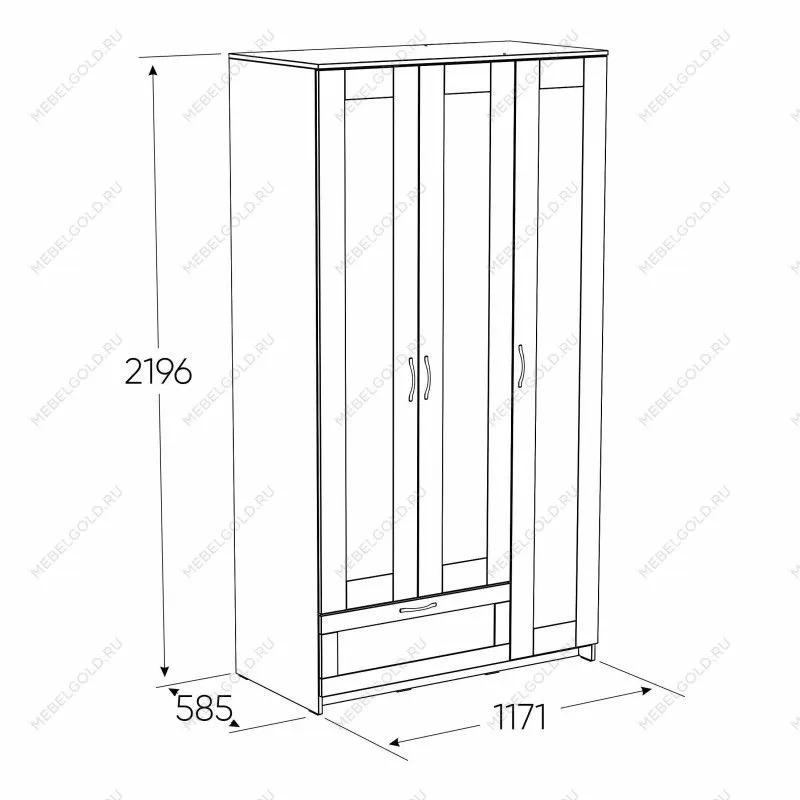 Шкаф Сириус, 3 двери и 1 ящик с зеркалом, 117х59х220 см, белый | изображение 7