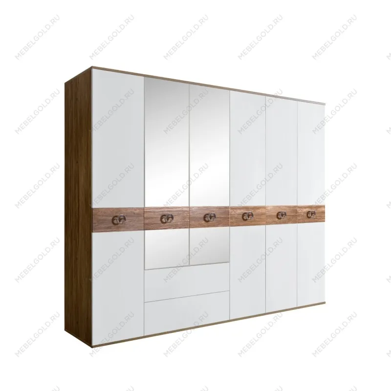Шкаф 6-ти дверный с зеркалами, с ящиками, Bogemia Woodline Wood Fi (Белый/Хром) БМШ1/61(Wo)