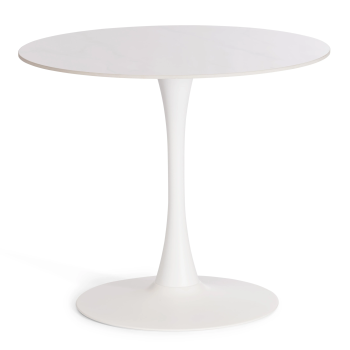 Стол обеденный Tulip/Тулип, столешница керамика (глянцевая) / опоры металл, белый/белый, 90х75 см