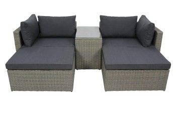 Набор мебели Драмен арт.GS009 серо-коричневый, серый (стол, 2 угл.кресла, 2 пуфа, ротанг серо-корич, подушки серые)