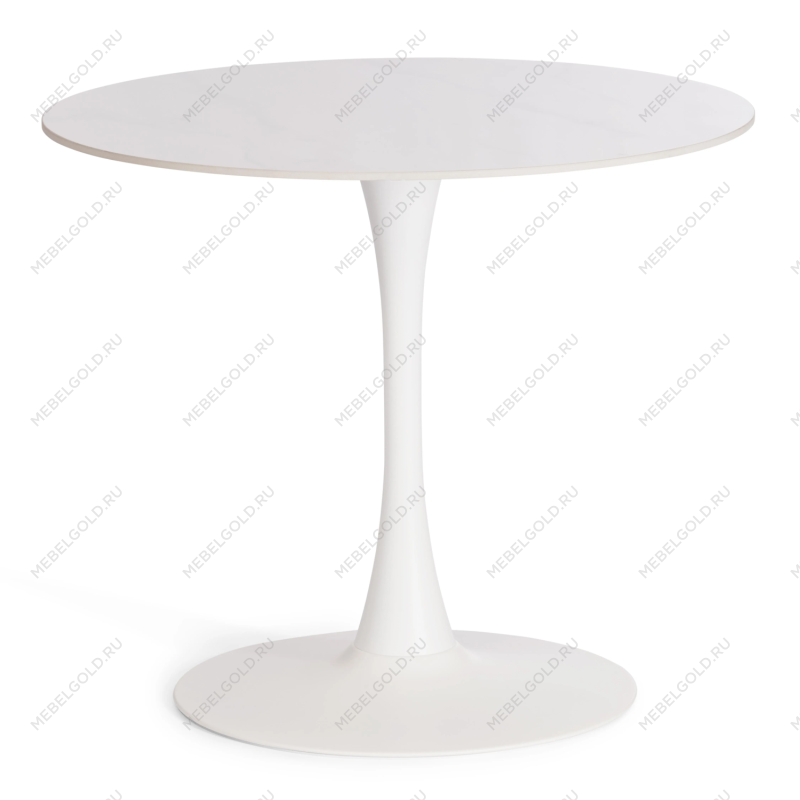 Стол обеденный Tulip/Тулип, столешница керамика (глянцевая) / опоры металл, белый/белый, 90х75 см