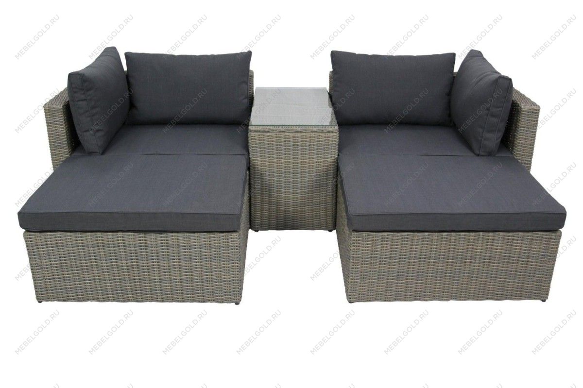 Набор мебели Драмен арт.GS009 серо-коричневый, серый (стол, 2 угл.кресла, 2 пуфа, ротанг серо-корич, подушки серые)