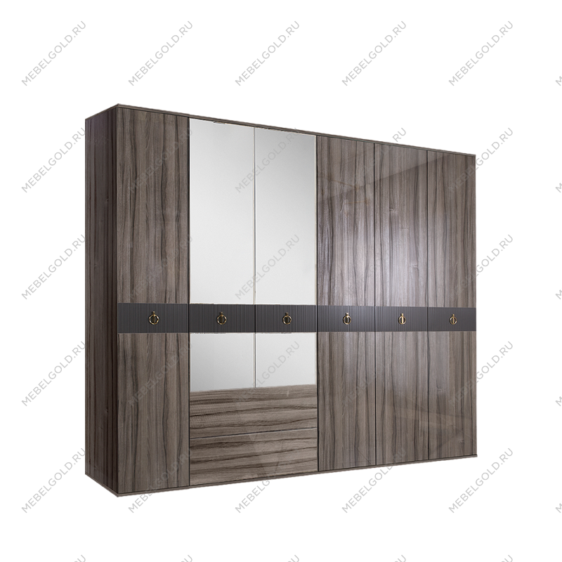 Шкаф 6-ти дверный с зеркалом, с ящиками Римини СОЛО (Орех империя/Золото) РМШ1/61(s)
