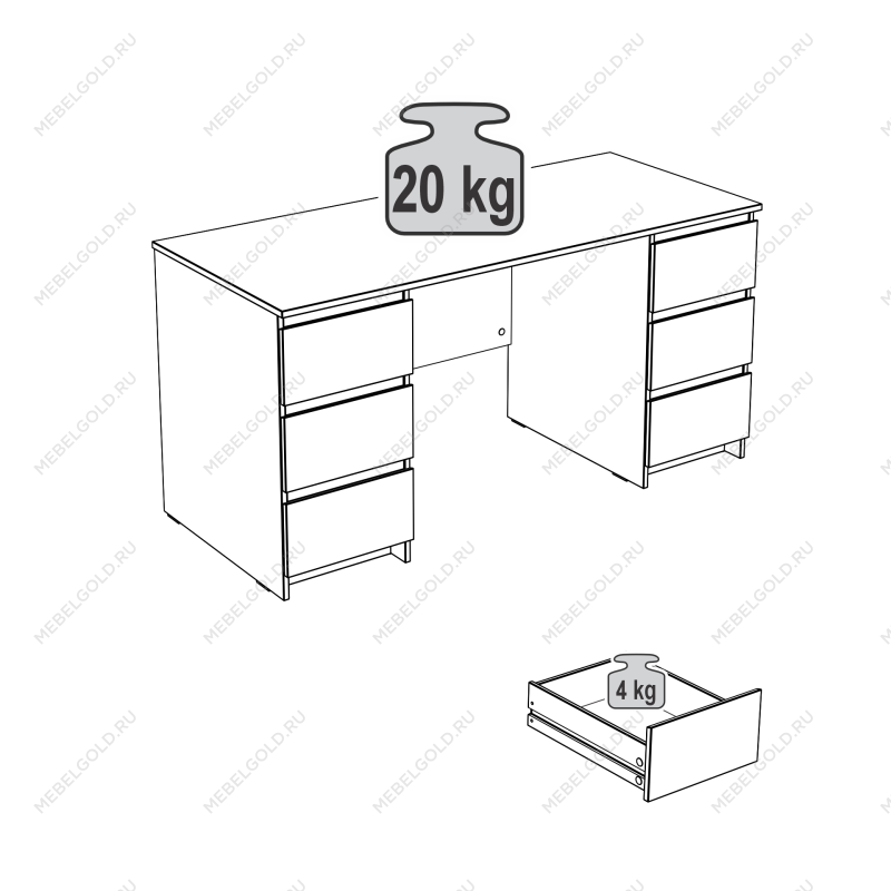 КАСТОР (KULLEN) стол письменный 6 ящиков 151х65 серый | изображение 3
