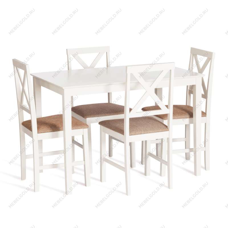 Обеденный комплект Хадсон (стол + 4 стула)/Hudson Dining Set, дерево гевея/мдф, стол: 110х70х75см / стул: 44х42х89см, ivory white (слоновая кость), ткань кор.-зол