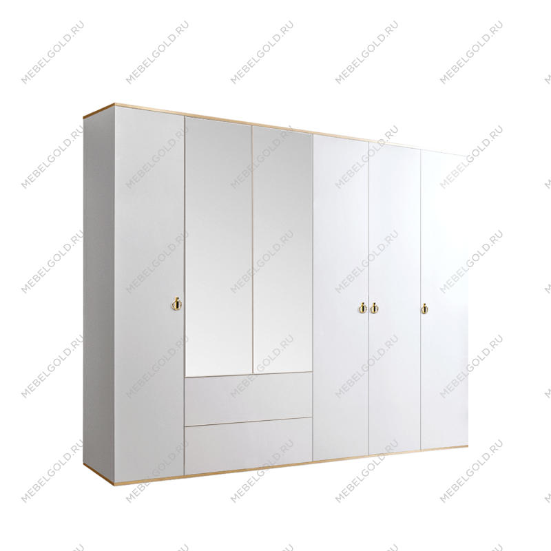 Шкаф 6-ти дверный с зеркалом, с ящиками Римини (Белый/Золото) РМШ1/61