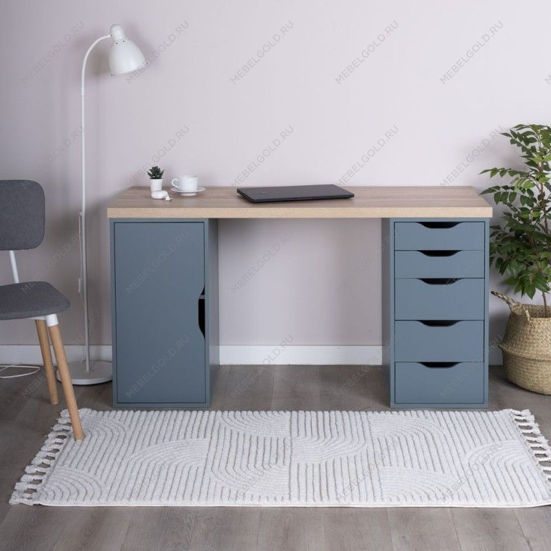 ИНГАР 2/5/ДВ стол письменный 140x75x55, дуб беленый/серо-бирюзовый | изображение 3