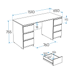 КАСТОР (KULLEN) стол письменный 6 ящиков 151х65 серый | изображение 2