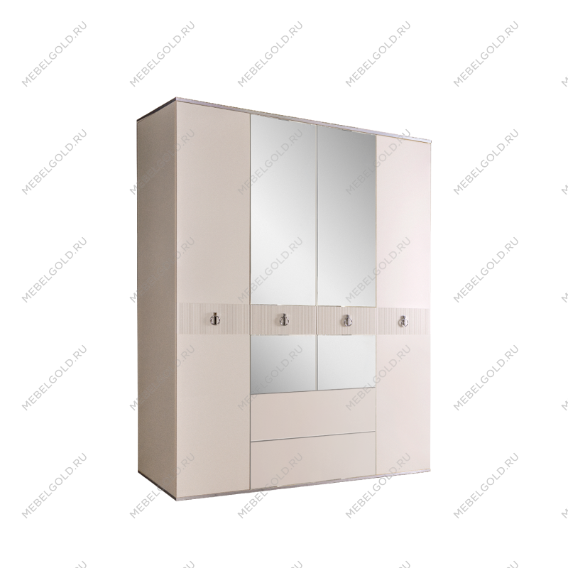 Шкаф 4-х дверный с зеркалом, с ящиками Римини СОЛО (Слоновая кость/Серебро) РМШ1/41(s)