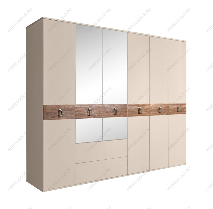 Шкаф 6-ти дверный с зеркалами, с ящиками, Bogemia Wood Fa (Ваниль/Хром) БМШ1/61(Wo)