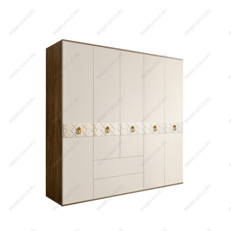 Шкаф 5-ти дверный с ящиками, Bogemia Woodline Fa (Слоновая кость/Золото) БМШ2/51(Fa)