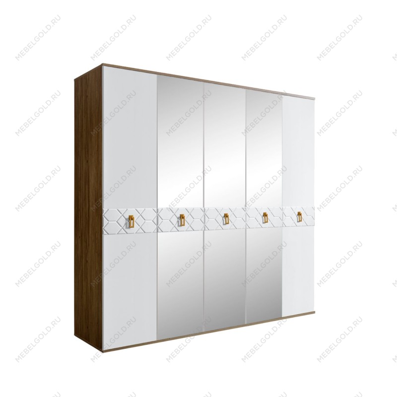 Шкаф 5-ти дв. с зеркалами Bogemia Woodline Fa (Белый/Золото) БМШ1/5(Fa)