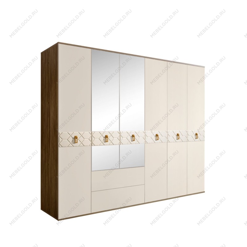 Шкаф 6-ти дверный с зеркалами, с ящиками, Bogemia Woodline Fa (Слоновая кость/Золото) БМШ1/61(Fa)
