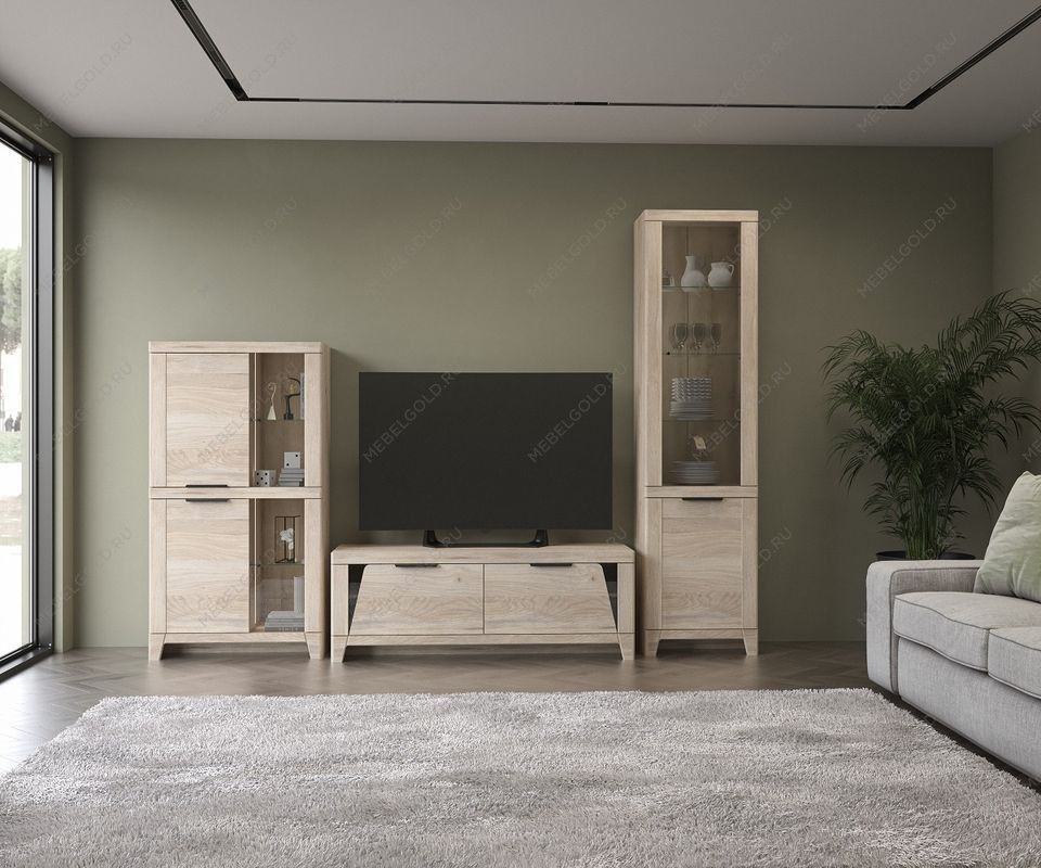 Пенал низкий со стеклом, Юта (802*373*1476) Дуб Мария, 31707 | изображение 1