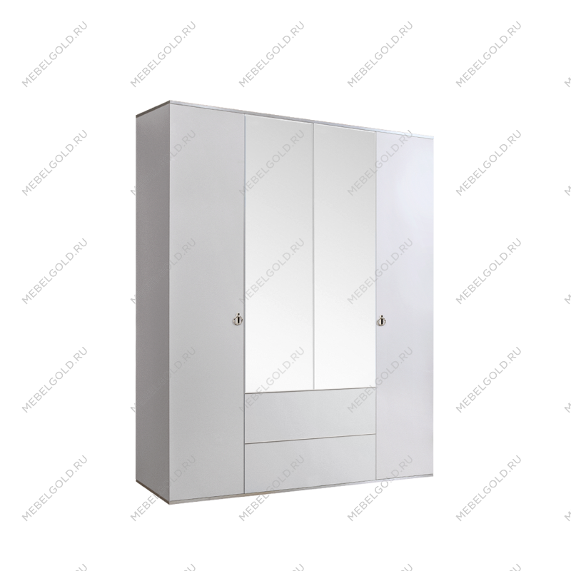 Шкаф 4-х дверный с зеркалом, с ящиками Римини (Белый/Серебро) РМШ1/41