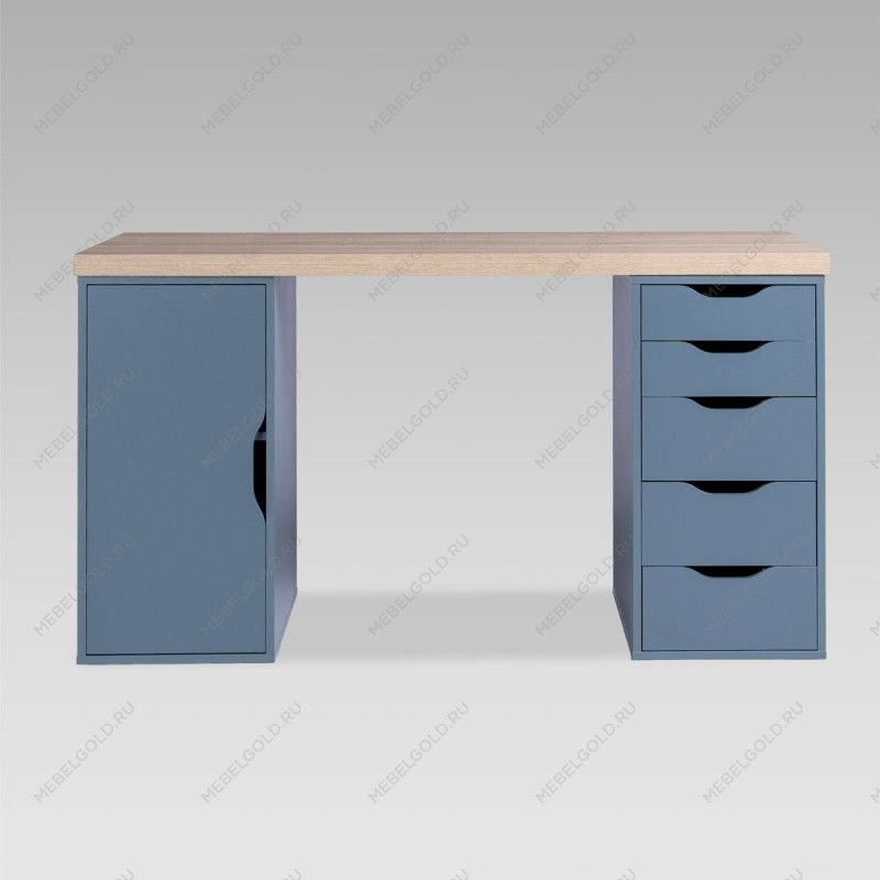 ИНГАР 2/5/ДВ стол письменный 140x75x55, дуб беленый/серо-бирюзовый | изображение 1
