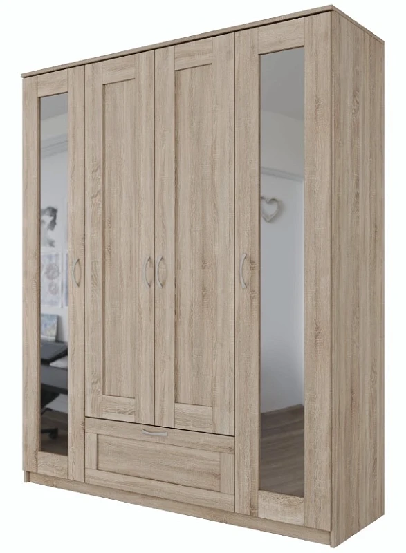 Шкаф Сириус, 4 двери и 1 ящик с зеркалами, 156х50х190 см, дуб сонома